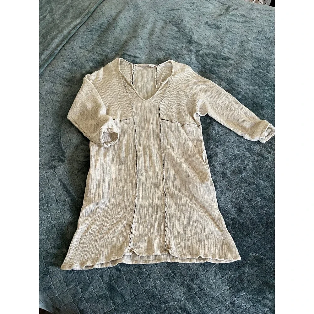 Zara Trafaluc Beige Textured Gauze Tunic Dress V-Neck Openwork Detail Medium